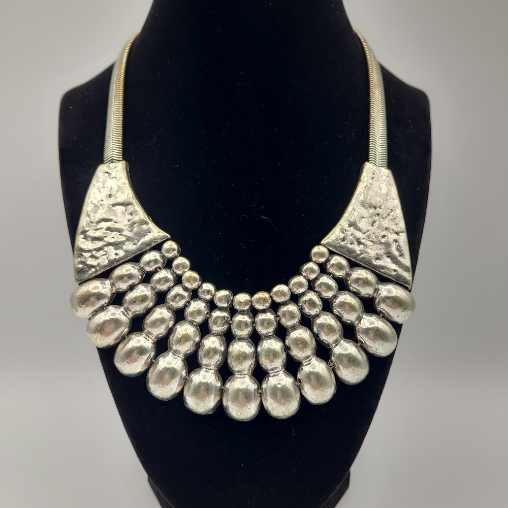 Boho Statement Silver Fringe Bib Necklace Hammered Metal